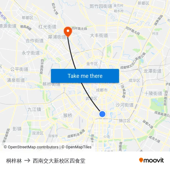 桐梓林 to 西南交大新校区四食堂 map