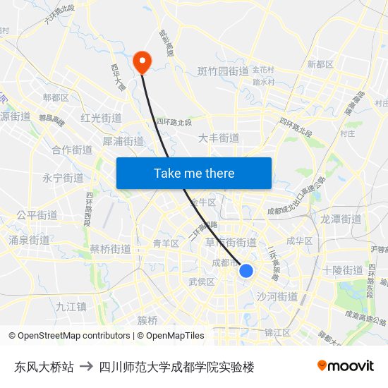 东风大桥站 to 四川师范大学成都学院实验楼 map