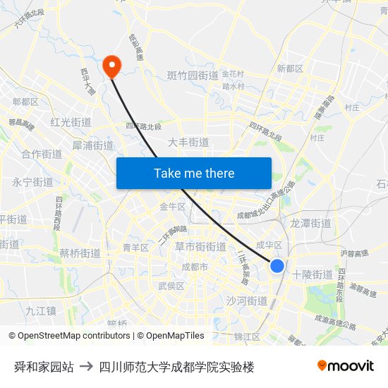 舜和家园站 to 四川师范大学成都学院实验楼 map