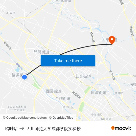 临时站 to 四川师范大学成都学院实验楼 map