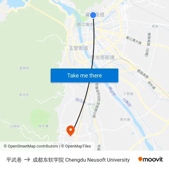 平武巷 to 成都东软学院 Chengdu Neusoft University map