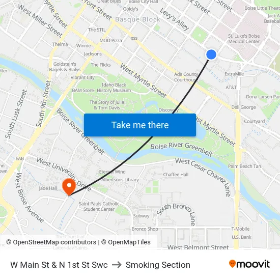 W Main St & N 1st St Swc to Smoking Section map