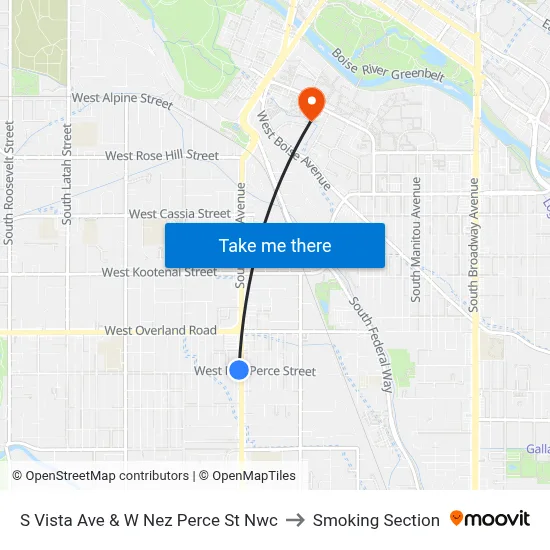 S Vista Ave & W Nez Perce St Nwc to Smoking Section map