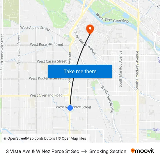 S Vista Ave & W Nez Perce St Sec to Smoking Section map