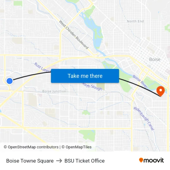Boise Towne Square to BSU Ticket Office map