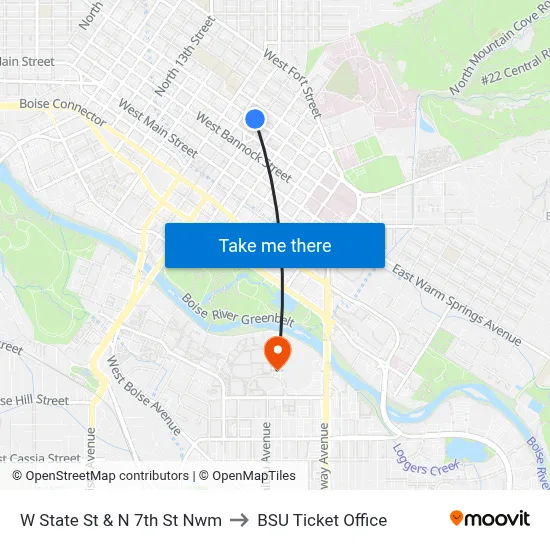 W State St & N 7th St Nwm to BSU Ticket Office map