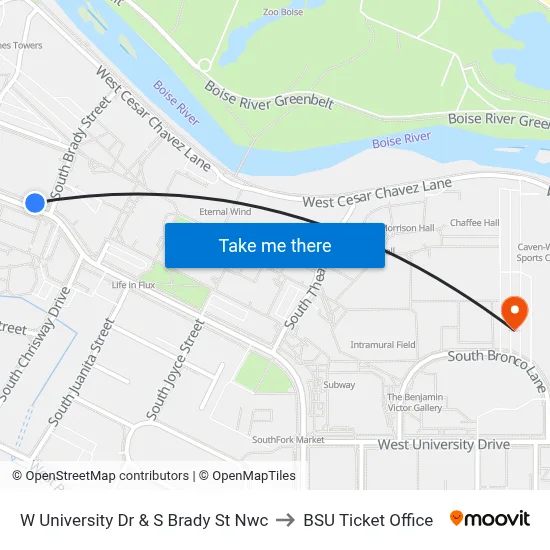 W University Dr & S Brady St Nwc to BSU Ticket Office map