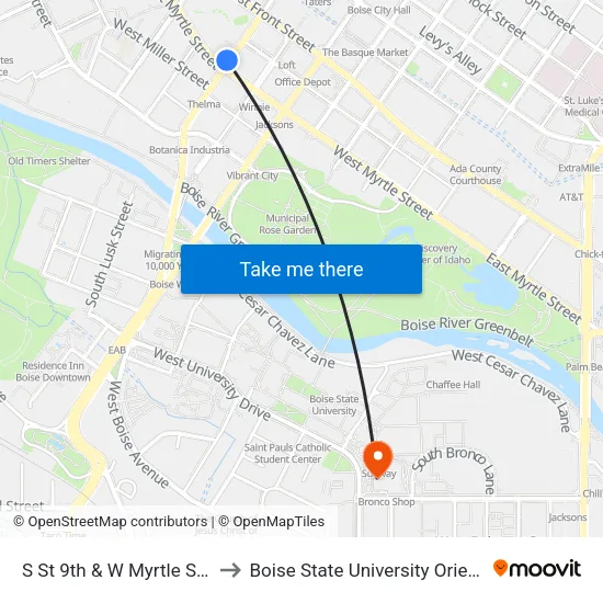 S St 9th & W Myrtle St Nwc to Boise State University Orientation map
