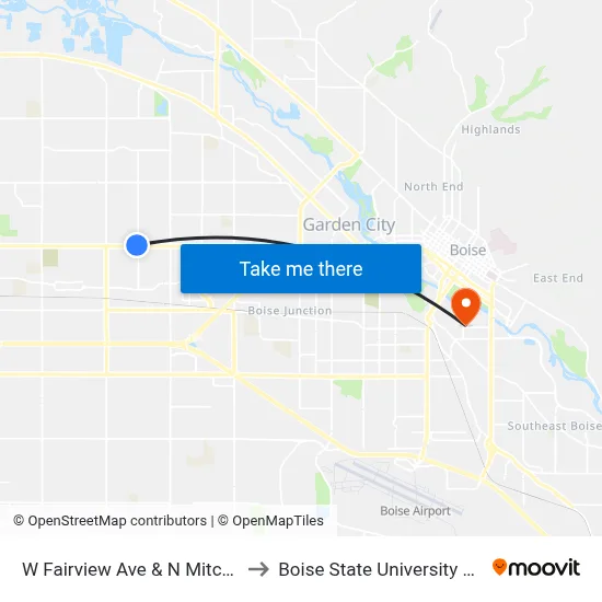 W Fairview Ave & N Mitchell St Nwc to Boise State University Orientation map