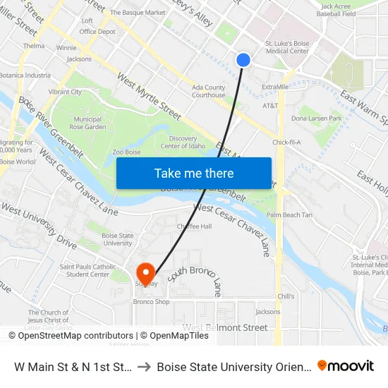 W Main St & N 1st St Swc to Boise State University Orientation map