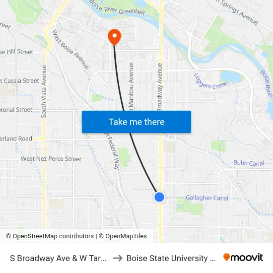 S Broadway Ave & W Targee St Nwc to Boise State University Orientation map