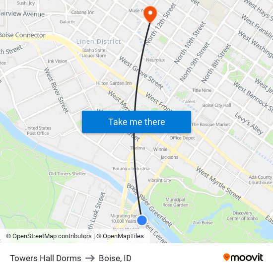 Towers Hall Dorms to Boise, ID map