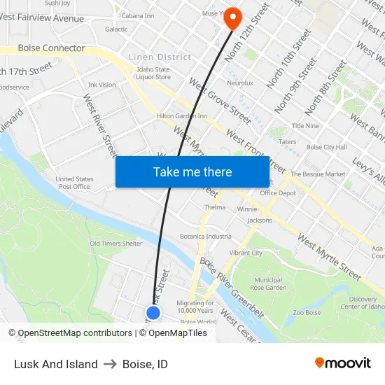 Lusk And Island to Boise, ID map