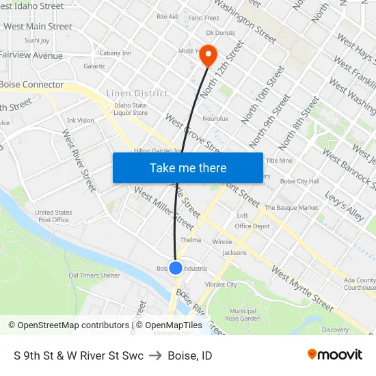 S 9th St & W River St Swc to Boise, ID map