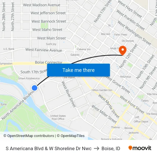 S Americana Blvd & W Shoreline Dr Nwc to Boise, ID map