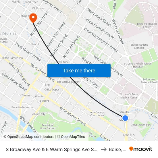 S Broadway Ave & E Warm Springs Ave Swm to Boise, ID map