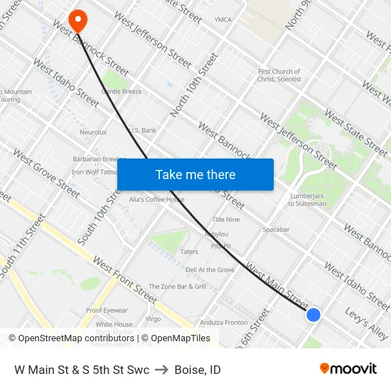 W Main St & S 5th St Swc to Boise, ID map