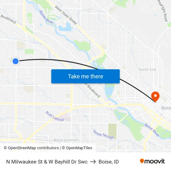 N Milwaukee St & W Bayhill Dr Swc to Boise, ID map