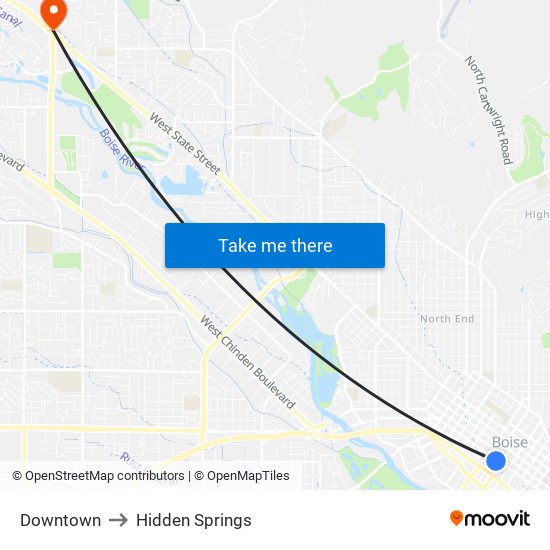 Downtown to Hidden Springs map