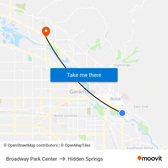 Broadway Park Center to Hidden Springs map