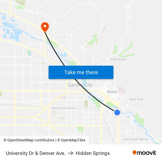 University Dr & Denver Ave. to Hidden Springs map