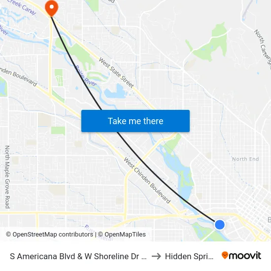 S Americana Blvd & W Shoreline Dr Nwc to Hidden Springs map