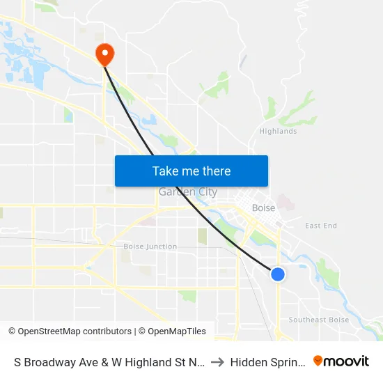 S Broadway Ave & W Highland St Nwc to Hidden Springs map