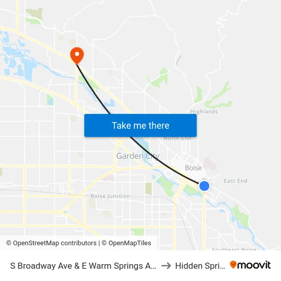 S Broadway Ave & E Warm Springs Ave Swm to Hidden Springs map