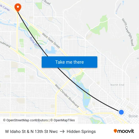 W Idaho St & N 13th St Nwc to Hidden Springs map
