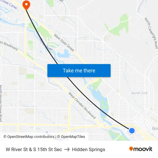 W River St & S 15th St Sec to Hidden Springs map