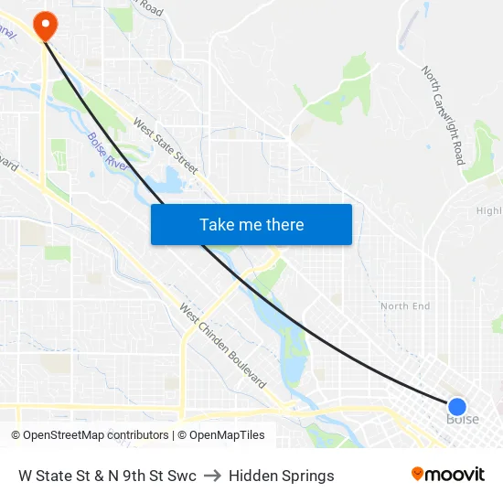 W State St & N 9th St Swc to Hidden Springs map