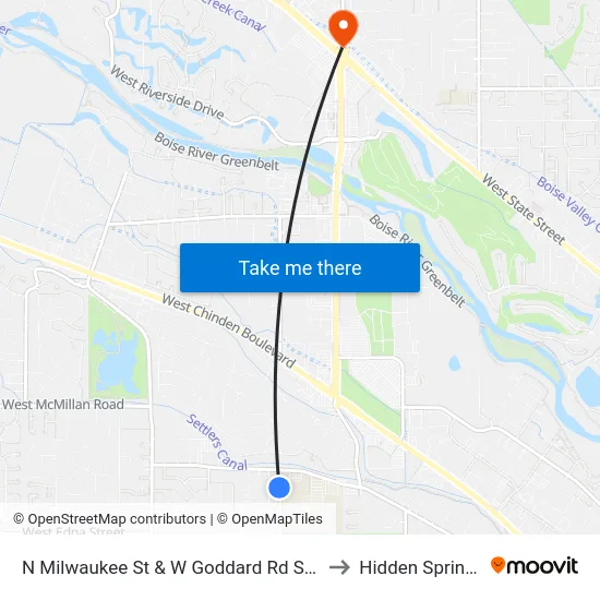 N Milwaukee St & W Goddard Rd Swc to Hidden Springs map