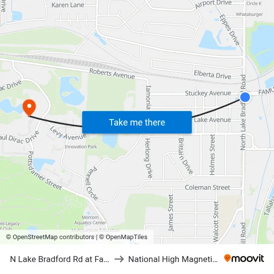 N Lake Bradford Rd at Famu Way Nb to National High Magnetic Field Lab map