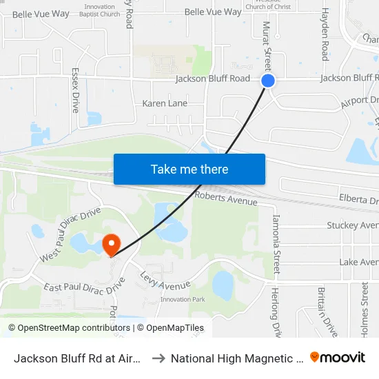 Jackson Bluff Rd at Airport Dr Eb to National High Magnetic Field Lab map