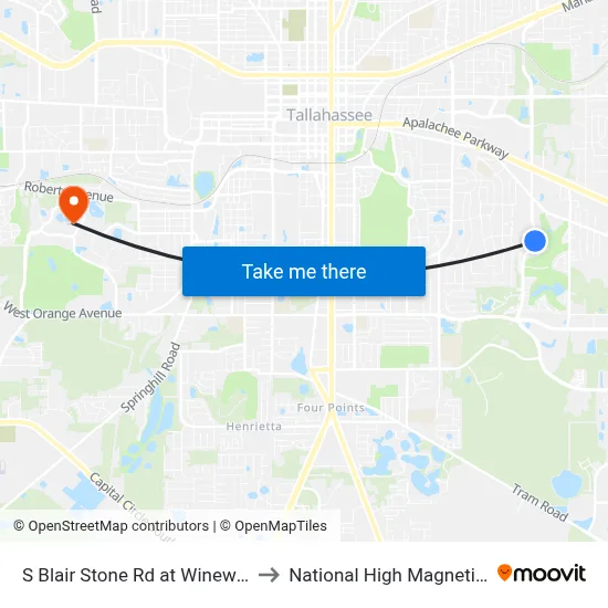 S Blair Stone Rd at Winewood Blvd Nb to National High Magnetic Field Lab map