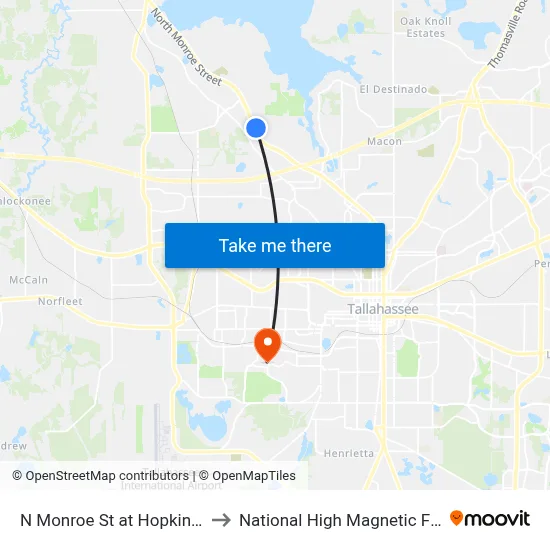 N Monroe St at Hopkins Dr Nb to National High Magnetic Field Lab map