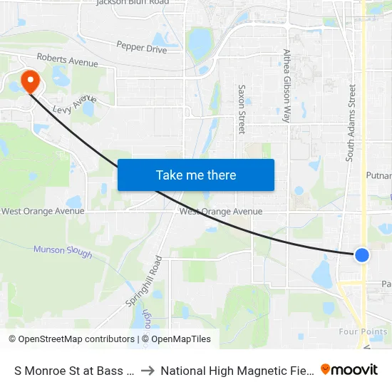 S Monroe St at Bass St Sb to National High Magnetic Field Lab map