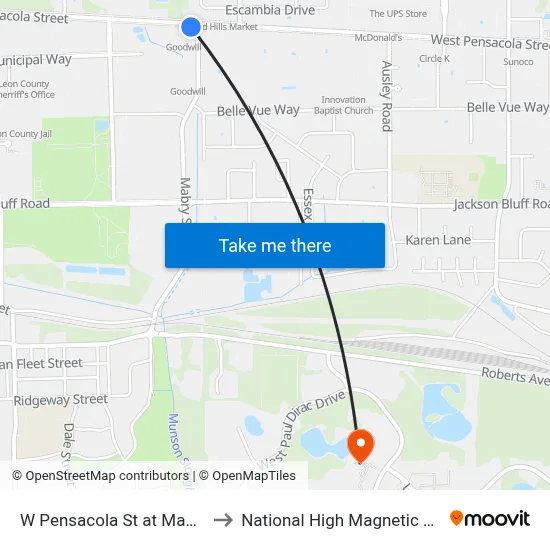 W Pensacola St at Mabry St Eb to National High Magnetic Field Lab map