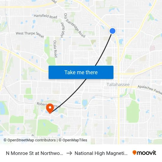 N Monroe St at Northwood Blvd Sb to National High Magnetic Field Lab map