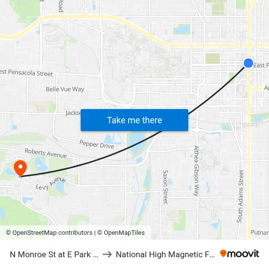 N Monroe St at E Park Ave Sb to National High Magnetic Field Lab map