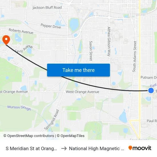 S Meridian St at Orange Ave Sb to National High Magnetic Field Lab map