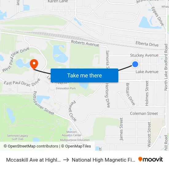 Mccaskill Ave at Highland St to National High Magnetic Field Lab map