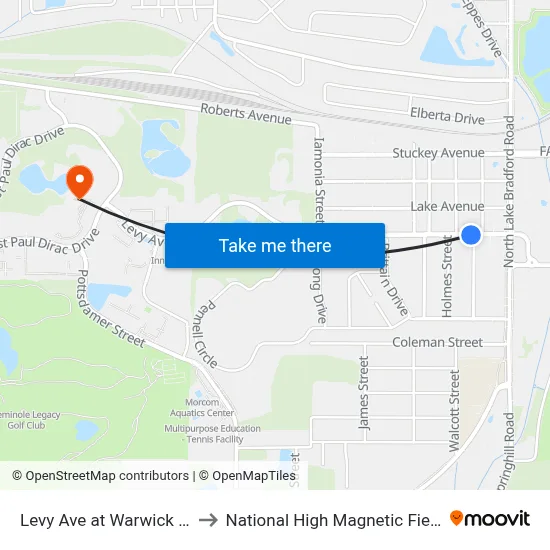 Levy Ave at Warwick St Eb to National High Magnetic Field Lab map