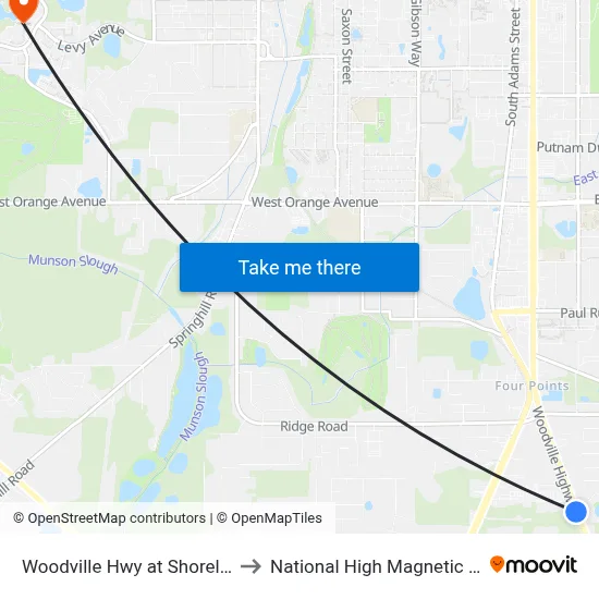 Woodville Hwy at Shoreline Dr Sb to National High Magnetic Field Lab map