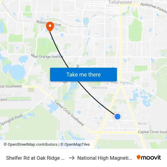 Shelfer Rd at Oak Ridge Elementary to National High Magnetic Field Lab map