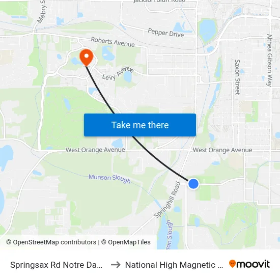 Springsax Rd Notre Dame St Wb to National High Magnetic Field Lab map