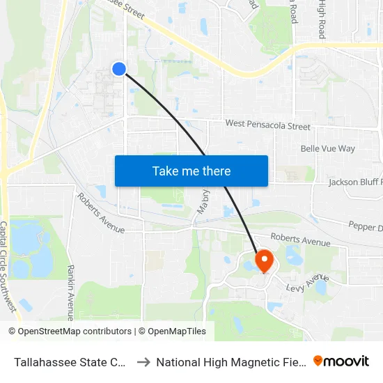 Tallahassee State College to National High Magnetic Field Lab map