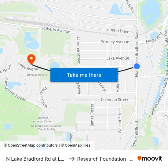 N Lake Bradford Rd at Levy Ave Sb to Research Foundation - Building A map