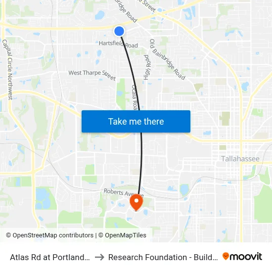 Atlas Rd at Portland Ave to Research Foundation - Building A map