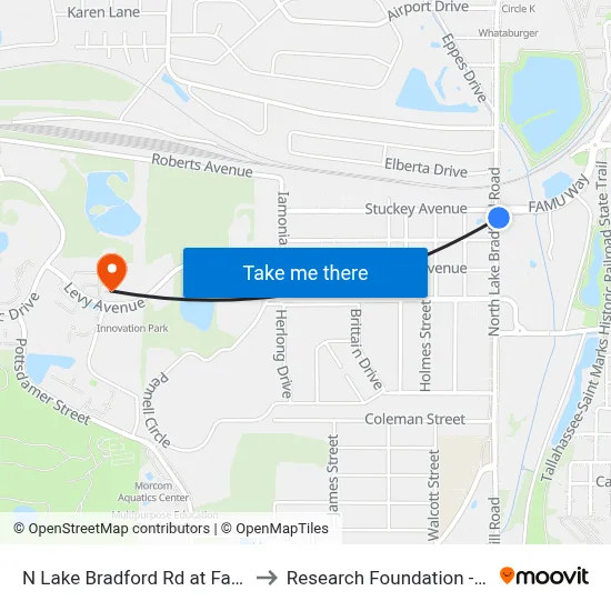 N Lake Bradford Rd at Famu Way Nb to Research Foundation - Building A map